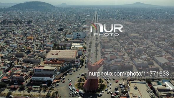 An aerial view shows the monument of ''El Coyote,'' which has a height of 21 meters, located in Nezahualcoyotl, State of Mexico. The El Coyo...