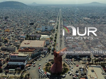 An aerial view shows the monument of ''El Coyote,'' which has a height of 21 meters, located in Nezahualcoyotl, State of Mexico. The El Coyo...