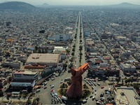 An aerial view shows the monument of ''El Coyote,'' which has a height of 21 meters, located in Nezahualcoyotl, State of Mexico. The El Coyo...