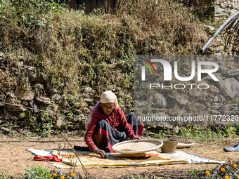 A farmer dries crops on the sunshade in the village of Makwanpur, Nepal, on November 12, 2024. (