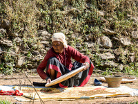 A farmer dries crops on the sunshade in the village of Makwanpur, Nepal, on November 12, 2024. (