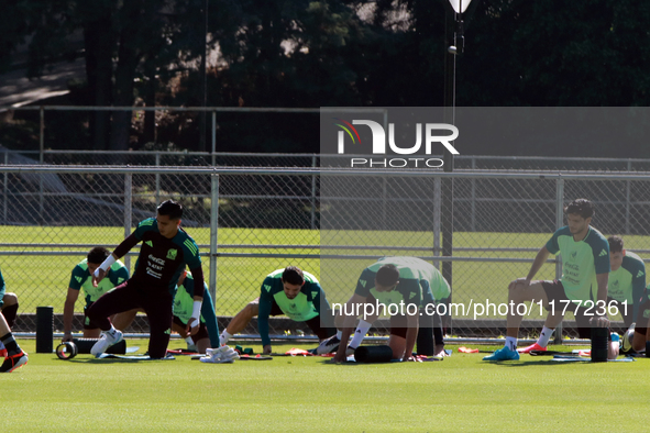 Players of the Mexican national soccer team perform warm-up exercises during a training session before their Concacaf Nations League match a...