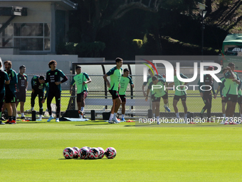 Players of the Mexican national soccer team perform warm-up exercises during a training session before their Concacaf Nations League match a...