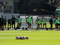 Players of the Mexican national soccer team perform warm-up exercises during a training session before their Concacaf Nations League match a...