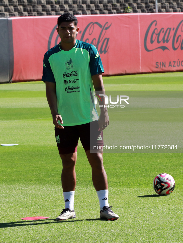 Midfielder Victor Guzman participates in a training session of the Mexican National Soccer Team before their Concacaf Nations League match a...