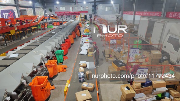 Workers of a courier company sort packages on a smart express line in Enshi, Hubei province, China, on November 13, 2024. 