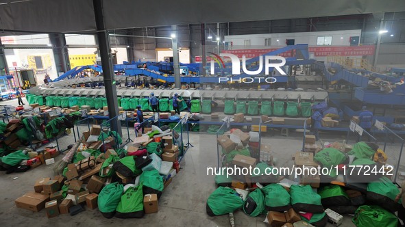 Workers of a courier company sort packages on a smart express line in Enshi, Hubei province, China, on November 13, 2024. 