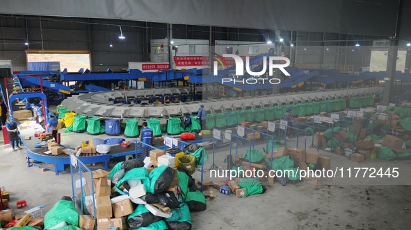 Workers of a courier company sort packages on a smart express line in Enshi, Hubei province, China, on November 13, 2024. 