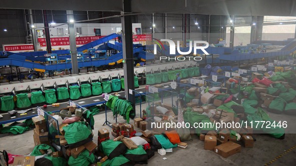 Workers of a courier company sort packages on a smart express line in Enshi, Hubei province, China, on November 13, 2024. 