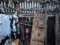 Displaced Palestinian children view the site of an Israeli strike on a tent housing displaced people in Deir el-Balah, Gaza Strip, on Novemb...