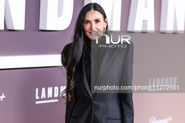 Demi Moore wearing Erdem arrives at the Los Angeles Premiere Of Paramount+'s Original Series 'Landman' Season 1 held at the Paramount Theatr...