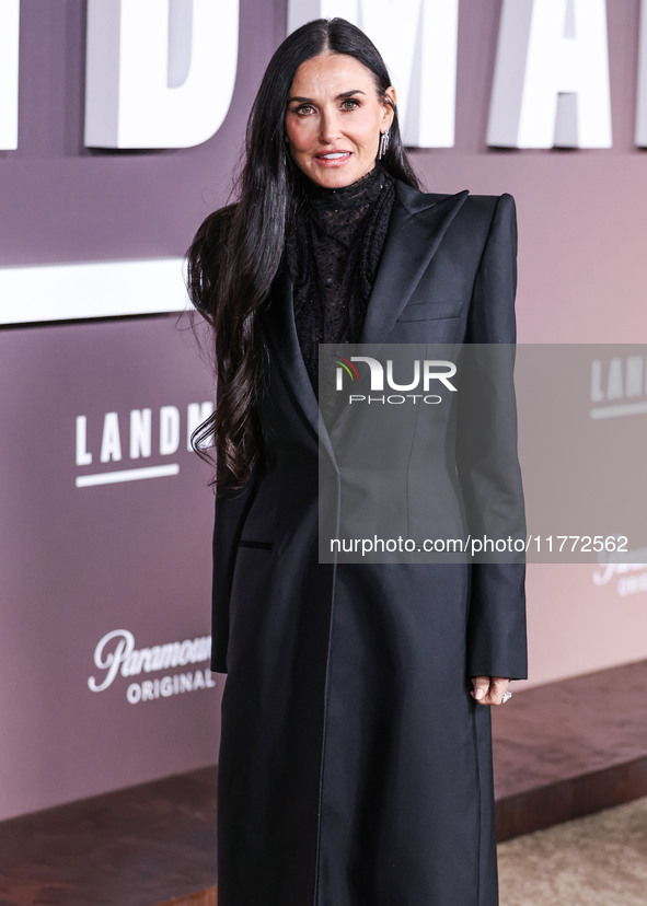 Demi Moore wearing Erdem arrives at the Los Angeles Premiere Of Paramount+'s Original Series 'Landman' Season 1 held at the Paramount Theatr...