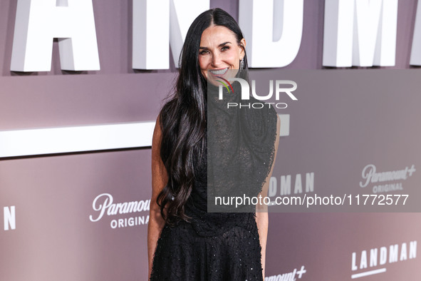 Demi Moore wearing Erdem arrives at the Los Angeles Premiere Of Paramount+'s Original Series 'Landman' Season 1 held at the Paramount Theatr...