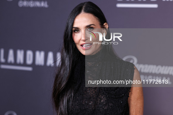 Demi Moore wearing Erdem arrives at the Los Angeles Premiere Of Paramount+'s Original Series 'Landman' Season 1 held at the Paramount Theatr...