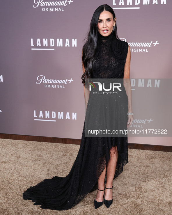 Demi Moore wearing Erdem arrives at the Los Angeles Premiere Of Paramount+'s Original Series 'Landman' Season 1 held at the Paramount Theatr...