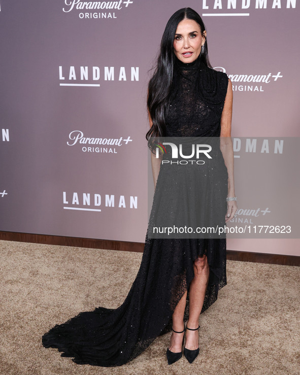 Demi Moore wearing Erdem arrives at the Los Angeles Premiere Of Paramount+'s Original Series 'Landman' Season 1 held at the Paramount Theatr...