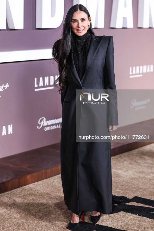 Demi Moore wearing Erdem arrives at the Los Angeles Premiere Of Paramount+'s Original Series 'Landman' Season 1 held at the Paramount Theatr...