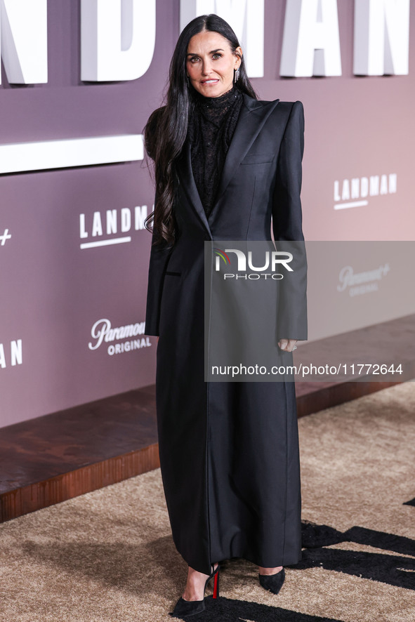 Demi Moore wearing Erdem arrives at the Los Angeles Premiere Of Paramount+'s Original Series 'Landman' Season 1 held at the Paramount Theatr...