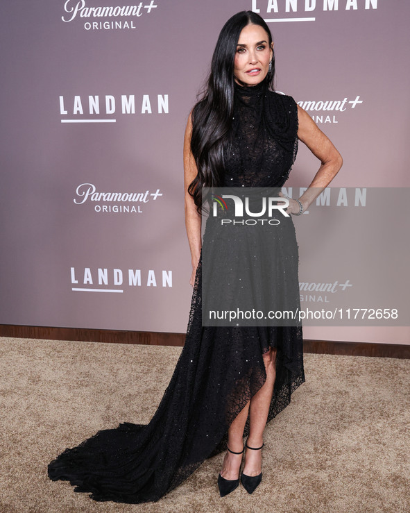 Demi Moore wearing Erdem arrives at the Los Angeles Premiere Of Paramount+'s Original Series 'Landman' Season 1 held at the Paramount Theatr...