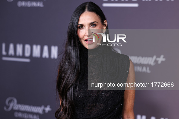 Demi Moore wearing Erdem arrives at the Los Angeles Premiere Of Paramount+'s Original Series 'Landman' Season 1 held at the Paramount Theatr...