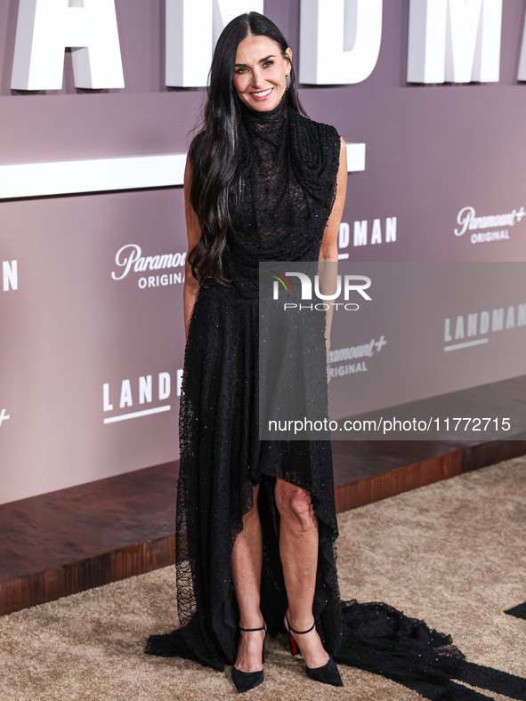 Demi Moore wearing Erdem arrives at the Los Angeles Premiere Of Paramount+'s Original Series 'Landman' Season 1 held at the Paramount Theatr...