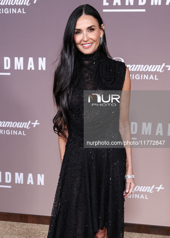 Demi Moore wearing Erdem arrives at the Los Angeles Premiere Of Paramount+'s Original Series 'Landman' Season 1 held at the Paramount Theatr...