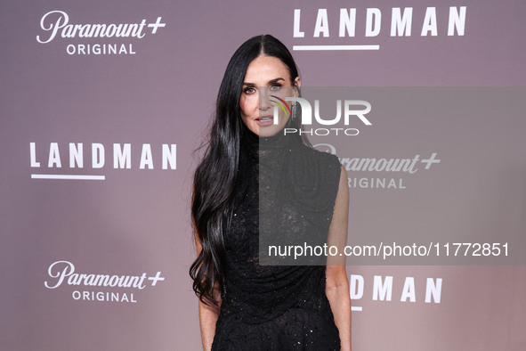 Demi Moore wearing Erdem arrives at the Los Angeles Premiere Of Paramount+'s Original Series 'Landman' Season 1 held at the Paramount Theatr...