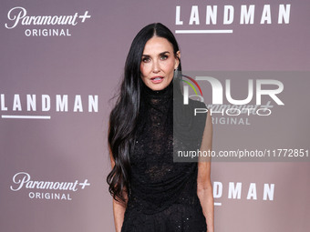 Demi Moore wearing Erdem arrives at the Los Angeles Premiere Of Paramount+'s Original Series 'Landman' Season 1 held at the Paramount Theatr...