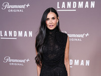 Demi Moore wearing Erdem arrives at the Los Angeles Premiere Of Paramount+'s Original Series 'Landman' Season 1 held at the Paramount Theatr...