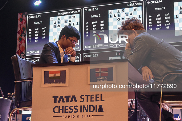 India's chess grandmaster Rameshbabu Praggnanandhaa and five-time world chess champion Magnus Carlsen of Norway face off in a rapid round of...