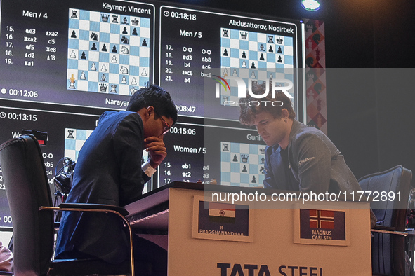 India's chess grandmaster Rameshbabu Praggnanandhaa and five-time world chess champion Magnus Carlsen of Norway face off in a rapid round of...