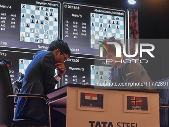 India's chess grandmaster Rameshbabu Praggnanandhaa and five-time world chess champion Magnus Carlsen of Norway face off in a rapid round of...