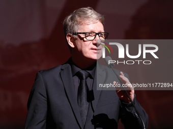 Marek Zydowicz, the CEO and founder of the Camerimage Film Festival, speaks during the closing ceremony of Energa Camerimage International F...