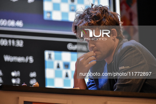 India's chess grandmaster Rameshbabu Praggnanandhaa and five-time world chess champion Magnus Carlsen of Norway face off in a rapid round of...