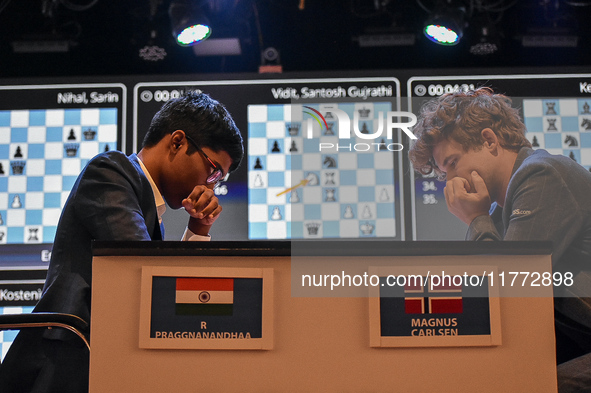 India's chess grandmaster Rameshbabu Praggnanandhaa and five-time world chess champion Magnus Carlsen of Norway face off in a rapid round of...