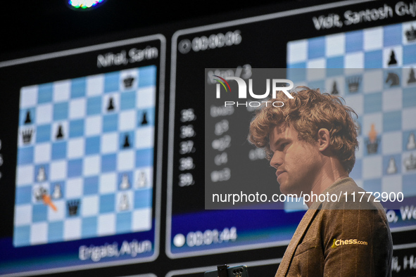 Five-time world chess champion Magnus Carlsen of Norway is seen during the 6th TATA Steel chess competition in Kolkata, India, on November 1...