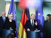 German Chancellor Olaf Scholz receives the Annual Report from the Council of Economic Experts at the Chancellery in Berlin, Germany, on Nove...