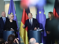 German Chancellor Olaf Scholz receives the Annual Report from the Council of Economic Experts at the Chancellery in Berlin, Germany, on Nove...