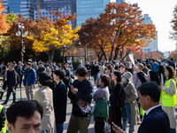 A crowd gathers in Yeouido Park, Seoul, South Korea, on November 13, 2024, to listen to Cho Kuk, leader of the Rebuilding Korea Party, as he...