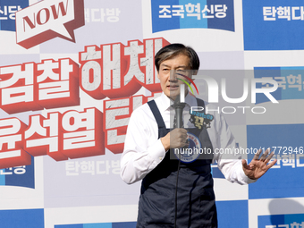 Cho Kuk, leader of the Rebuilding Korea Party, delivers a speech in front of the Impeachment Cafe in Yeouido, on November 13, 2024, in Seoul...