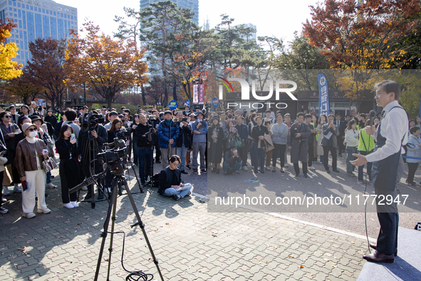 Cho Kuk, leader of the Rebuilding Korea Party, delivers a speech in front of the Impeachment Cafe in Yeouido, on November 13, 2024, in Seoul...