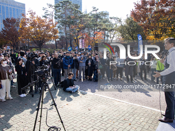 Cho Kuk, leader of the Rebuilding Korea Party, delivers a speech in front of the Impeachment Cafe in Yeouido, on November 13, 2024, in Seoul...