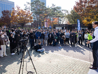 Cho Kuk, leader of the Rebuilding Korea Party, delivers a speech in front of the Impeachment Cafe in Yeouido, on November 13, 2024, in Seoul...