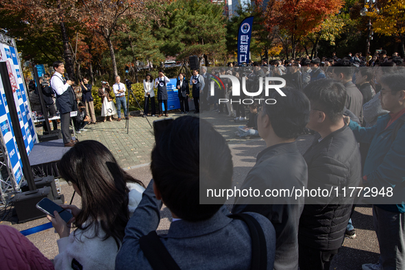 Cho Kuk, leader of the Rebuilding Korea Party, delivers a speech in front of the Impeachment Cafe in Yeouido, on November 13, 2024, in Seoul...