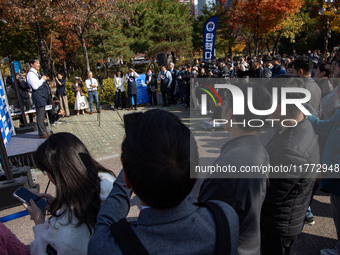 Cho Kuk, leader of the Rebuilding Korea Party, delivers a speech in front of the Impeachment Cafe in Yeouido, on November 13, 2024, in Seoul...