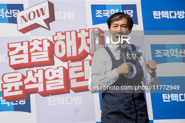 Cho Kuk, leader of the Rebuilding Korea Party, delivers a speech in front of the Impeachment Cafe in Yeouido, on November 13, 2024, in Seoul...