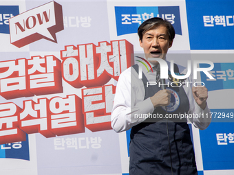 Cho Kuk, leader of the Rebuilding Korea Party, delivers a speech in front of the Impeachment Cafe in Yeouido, on November 13, 2024, in Seoul...