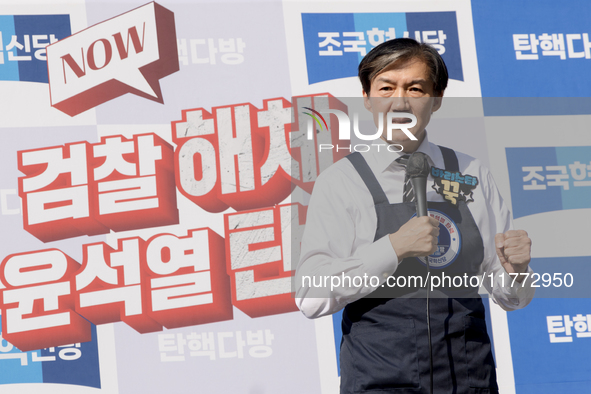 Cho Kuk, leader of the Rebuilding Korea Party, delivers a speech in front of the Impeachment Cafe in Yeouido, on November 13, 2024, in Seoul...