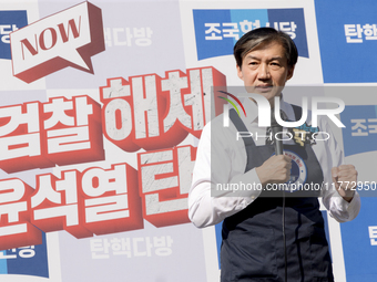 Cho Kuk, leader of the Rebuilding Korea Party, delivers a speech in front of the Impeachment Cafe in Yeouido, on November 13, 2024, in Seoul...