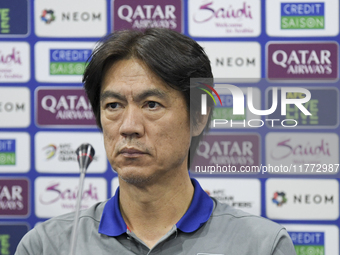 Hong Myung Bo, head coach of the Korea Republic National team, attends a press conference ahead of the AFC Asian Qualifiers Road to 26 match...